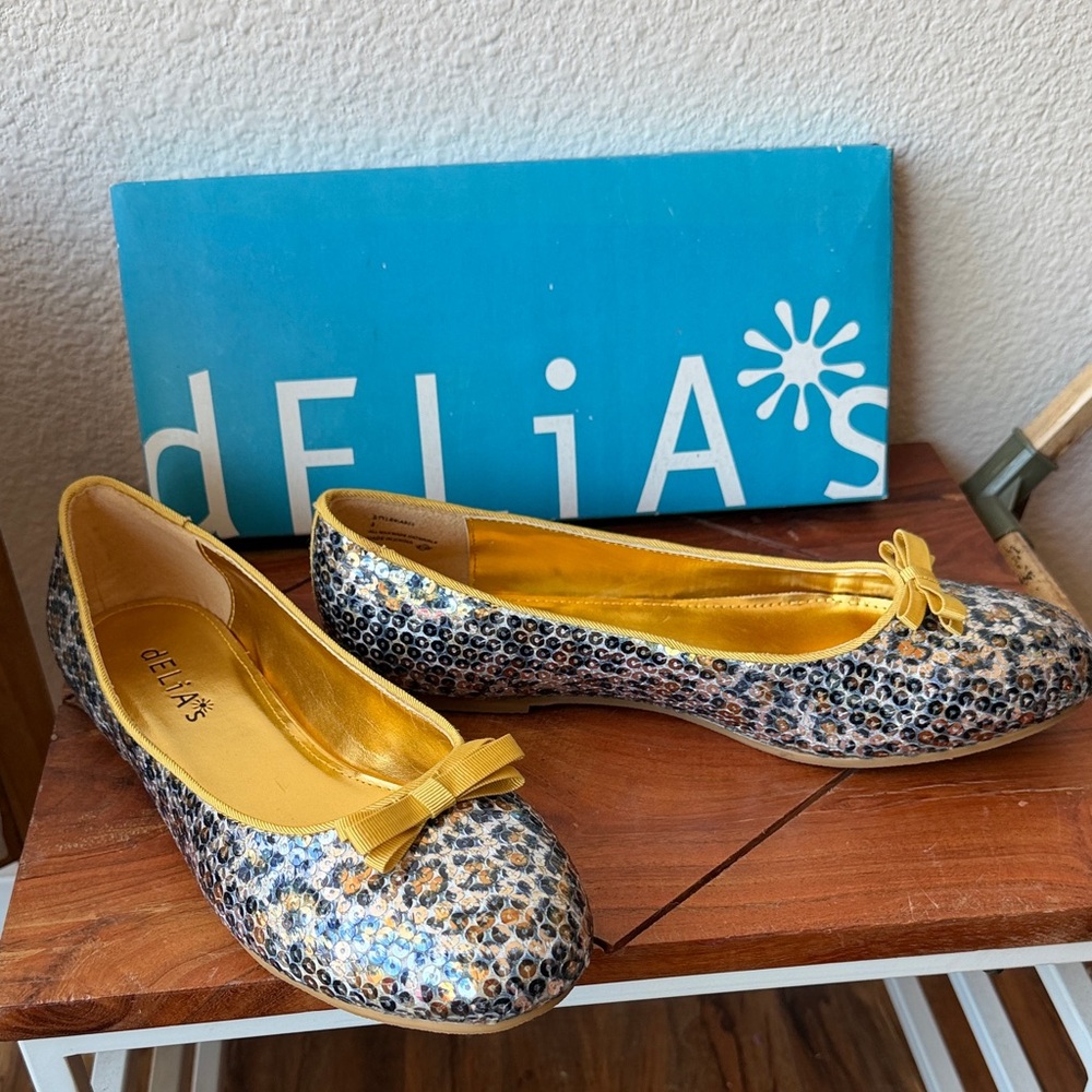 dELiA*s Yellow and Multicolor Leopard Print  Sequin Ballet Flats Y2K